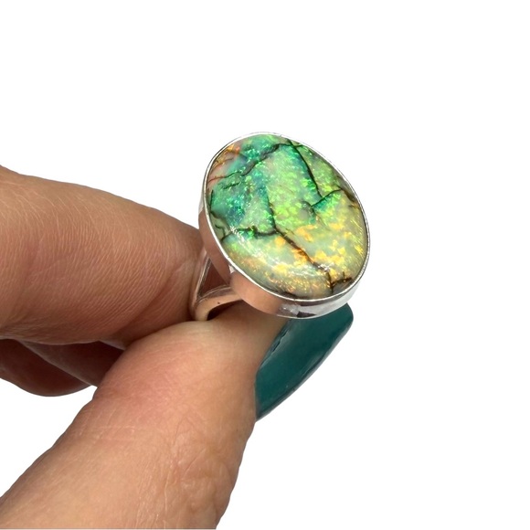 Monarch Fire Opal Ring Size 7 Solid 925 Sterling Silver Oval Green Stone - Picture 5 of 9